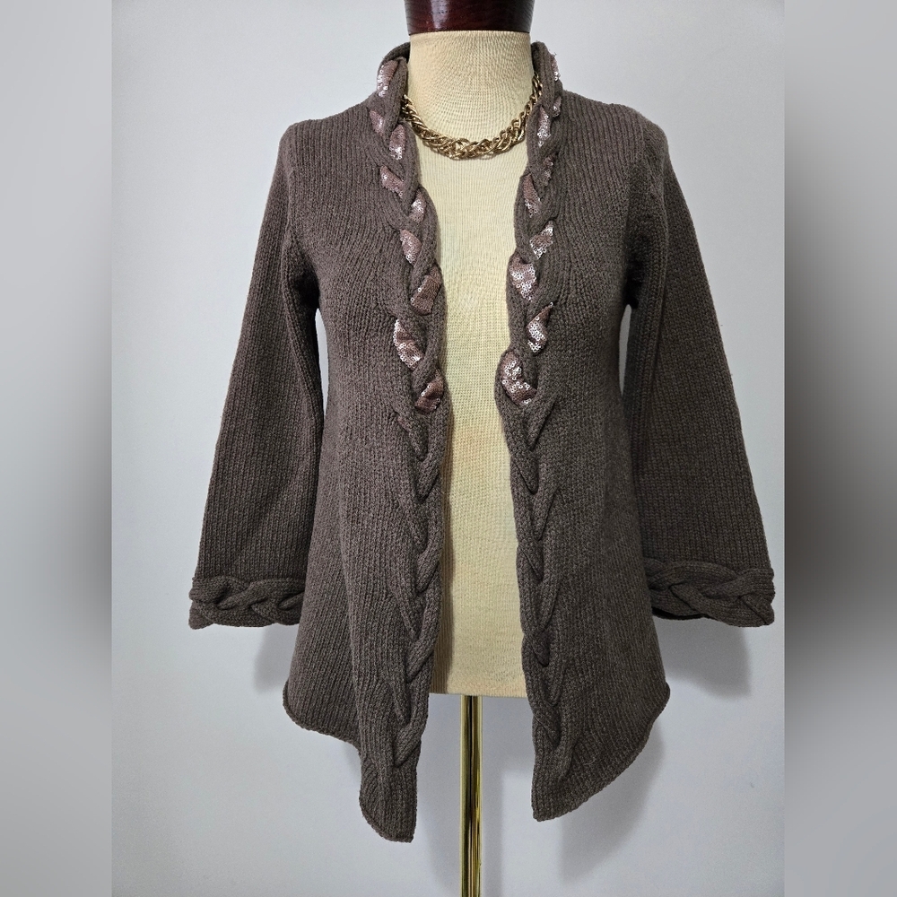LUISA CERANO Virgin Wool Knit Open Front Brown Women's Cardigan Sweater. Size 8